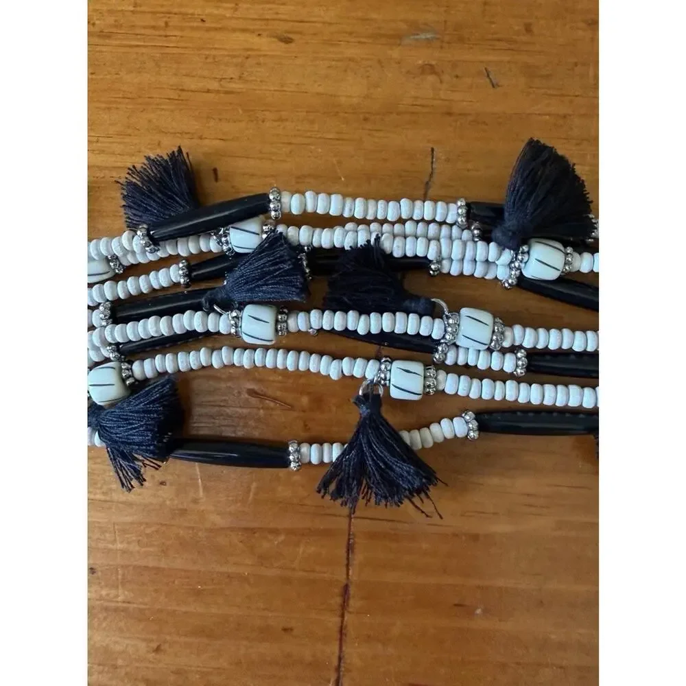 Boho Black White Beaded Bracelet Earrings Matching Set Tassel Statement Jewelry